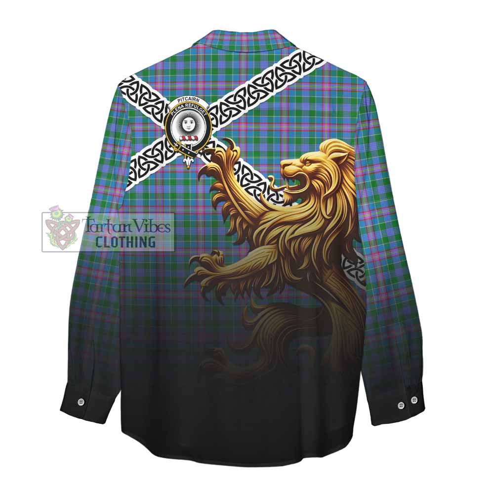 Pitcairn Crest Tartan Women's Casual Shirt with Golden Lion Emblem Celtic Style - Tartan Vibes Clothing