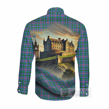 Tartan Vibes Clothing Pitcairn Tartan Family Crest Long Sleeve Button Shirt with Scottish Ancient Castle Style