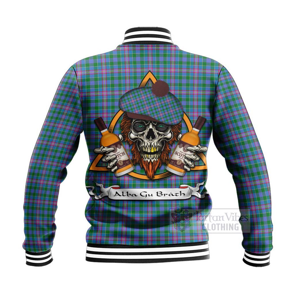 Pitcairn Tartan Baseball Jacket with Family Crest and Bearded Skull Holding Bottles of Whiskey - Tartan Vibes Clothing
