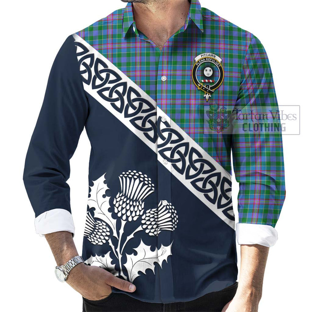Pitcairn Tartan Long Sleeve Button Shirt Featuring Thistle and Scotland Map Men's Shirt - Tartan Vibes Clothing