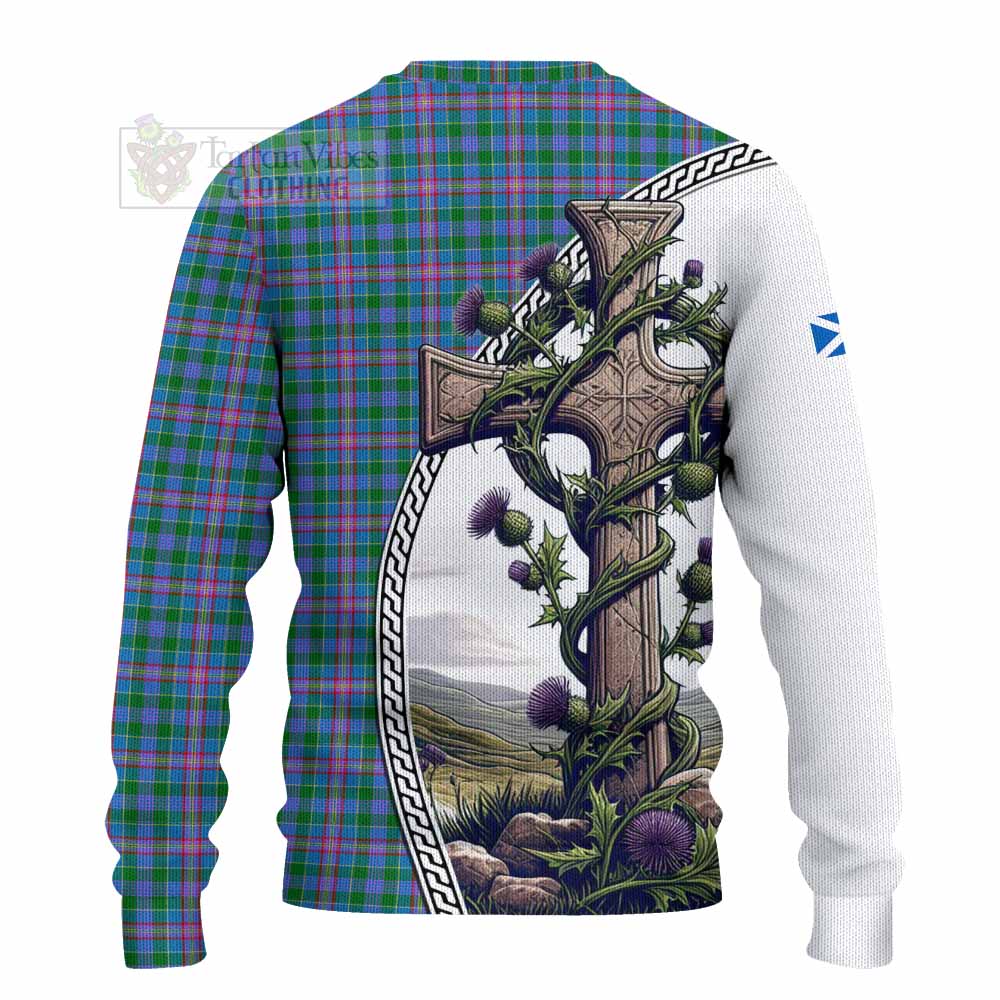 Pitcairn Tartan Knitted Sweater with Family Crest and St. Andrew's Cross Accented by Thistle Vines - Tartan Vibes Clothing