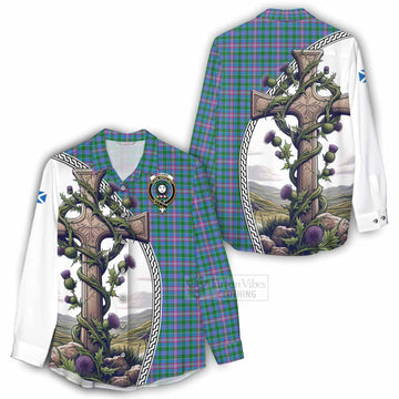 Pitcairn Tartan Women's Casual Shirt with Family Crest and St. Andrew's Cross Accented by Thistle Vines - Tartan Vibes Clothing