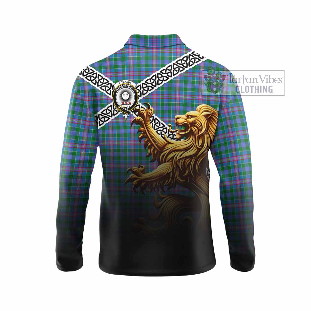 Pitcairn Crest Tartan Long Sleeve Polo Shirt with Golden Lion Emblem Celtic Style - Tartan Vibes Clothing