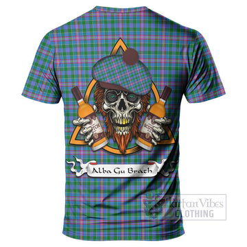 Pitcairn Tartan T-Shirt with Family Crest and Bearded Skull Holding Bottles of Whiskey - Tartan Vibes Clothing