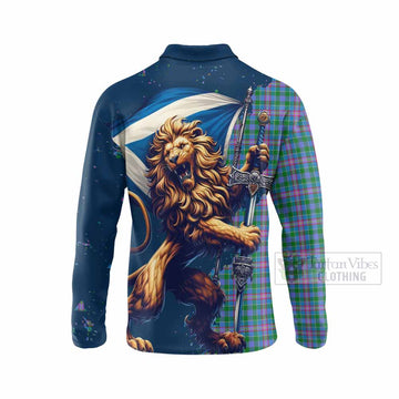 Pitcairn Tartan Family Crest Long Sleeve Polo Shirt with Scottish Majestic Lion - Tartan Vibes Clothing