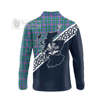 Pitcairn Tartan Long Sleeve Polo Shirt Featuring Thistle and Scotland Map - Tartan Vibes Clothing