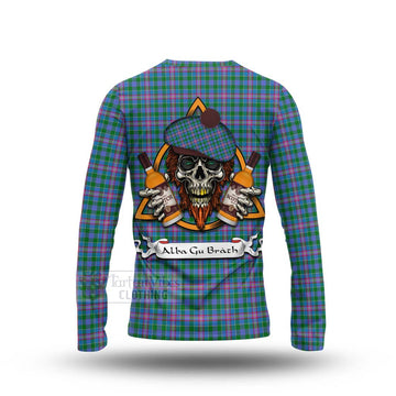 Pitcairn Tartan Long Sleeve T-Shirt with Family Crest and Bearded Skull Holding Bottles of Whiskey - Tartan Vibes Clothing