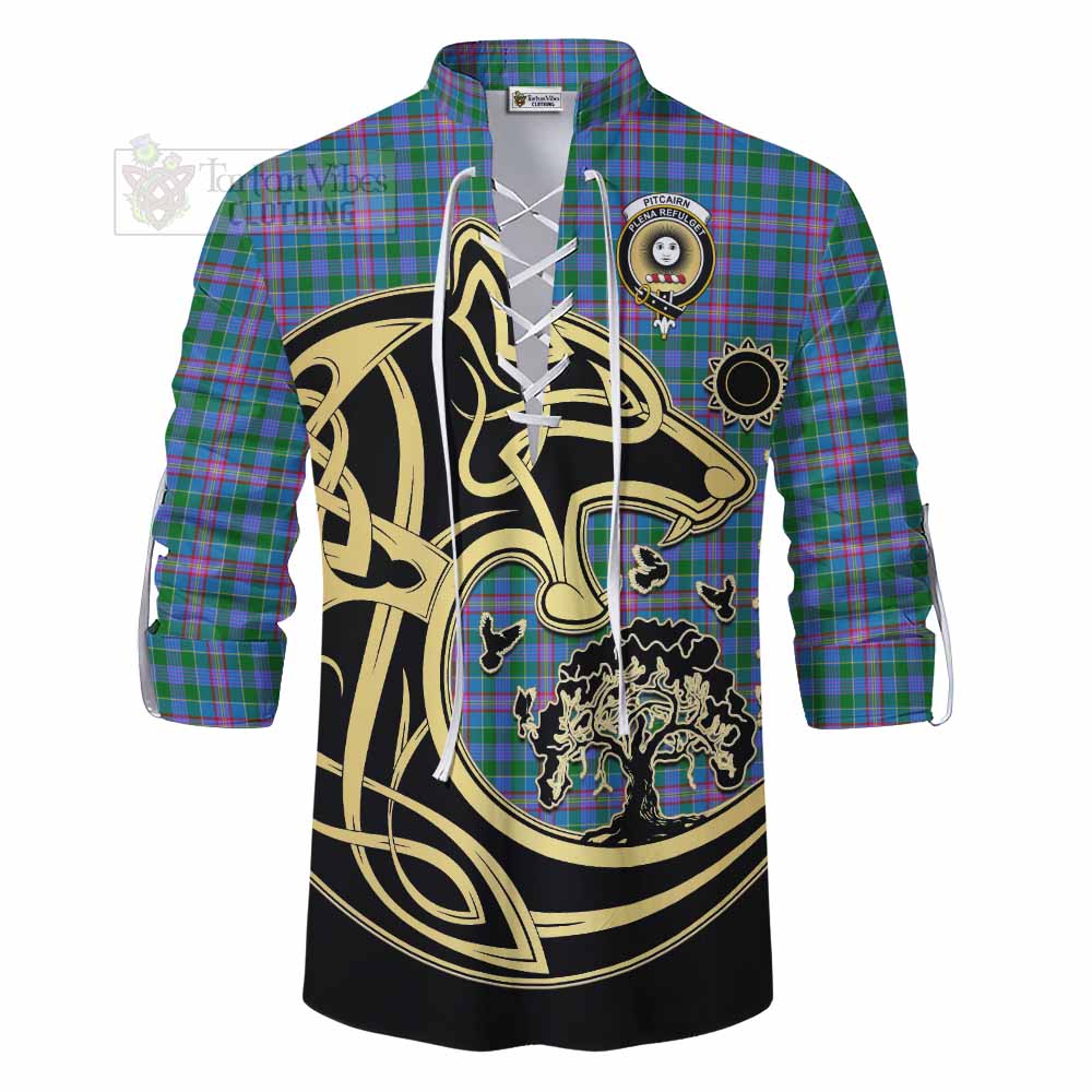 Pitcairn Tartan Ghillie Kilt Shirt with Family Crest Celtic Wolf Style - Tartan Vibes Clothing