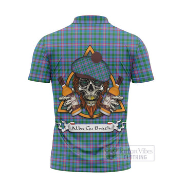 Pitcairn Tartan Zipper Polo Shirt with Family Crest and Bearded Skull Holding Bottles of Whiskey - Tartan Vibes Clothing