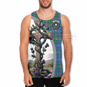 Pitcairn Tartan Men's Tank Top with Family Crest and St. Andrew's Cross Accented by Thistle Vines - Tartan Vibes Clothing