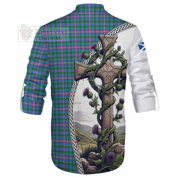 Pitcairn Tartan Ghillie Kilt Shirt with Family Crest and St. Andrew's Cross Accented by Thistle Vines - Tartan Vibes Clothing