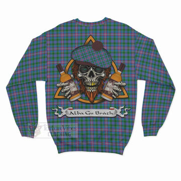 Pitcairn Tartan Sweatshirt with Family Crest and Bearded Skull Holding Bottles of Whiskey - Tartan Vibes Clothing