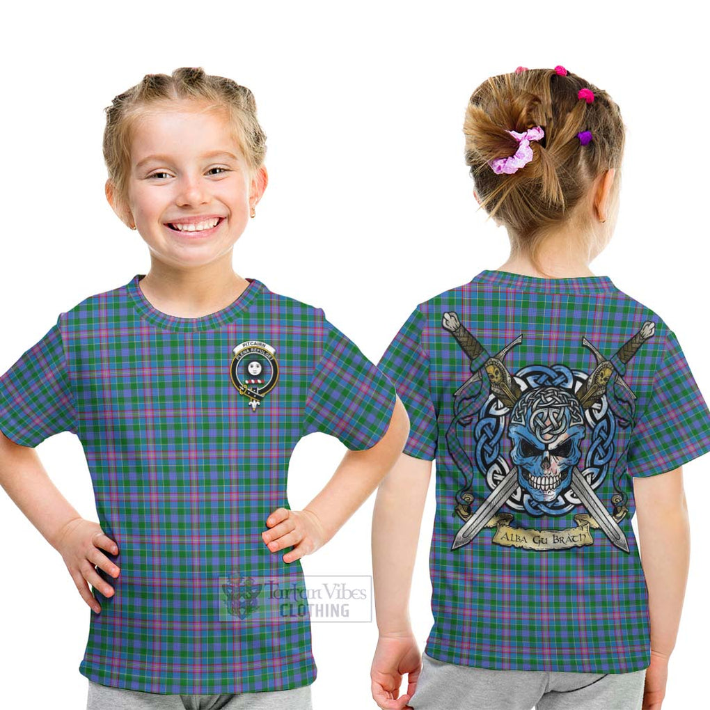 Pitcairn Tartan Kid T-Shirt with Family Crest Celtic Skull Style - Tartan Vibes Clothing