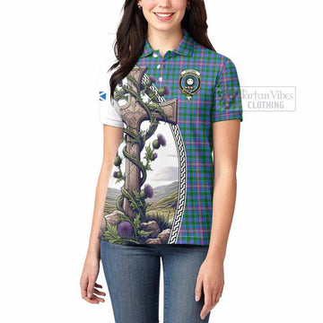 Pitcairn Tartan Women's Polo Shirt with Family Crest and St. Andrew's Cross Accented by Thistle Vines - Tartan Vibes Clothing