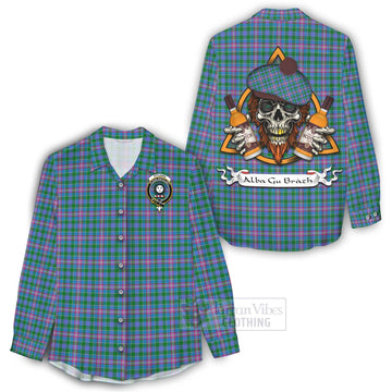 Pitcairn Tartan Women's Casual Shirt with Family Crest and Bearded Skull Holding Bottles of Whiskey - Tartan Vibes Clothing