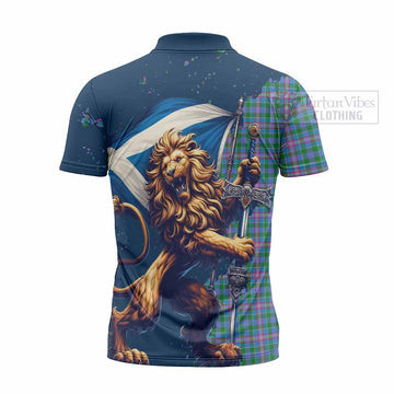 Pitcairn Tartan Family Crest Zipper Polo Shirt with Scottish Majestic Lion - Tartan Vibes Clothing