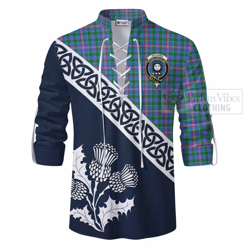 Pitcairn Tartan Ghillie Kilt Shirt Featuring Thistle and Scotland Map - Tartan Vibes Clothing