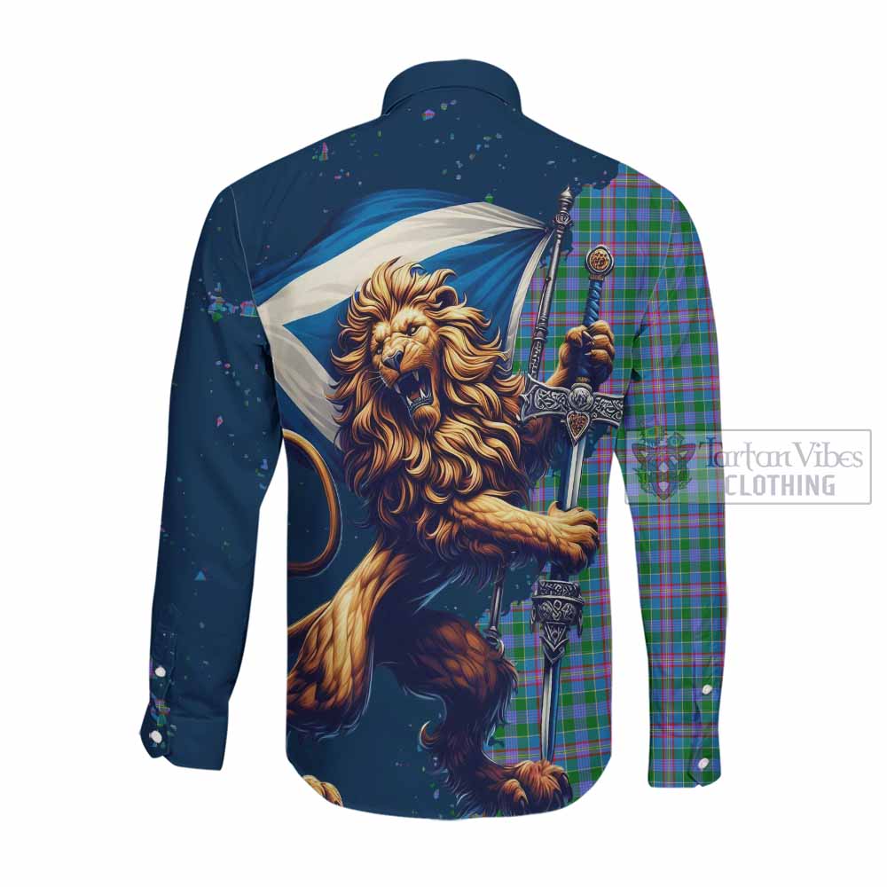 Pitcairn Tartan Family Crest Long Sleeve Button Shirt with Scottish Majestic Lion Men's Shirt - Tartan Vibes Clothing