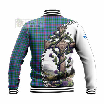 Pitcairn Tartan Baseball Jacket with Family Crest and St. Andrew's Cross Accented by Thistle Vines - Tartan Vibes Clothing