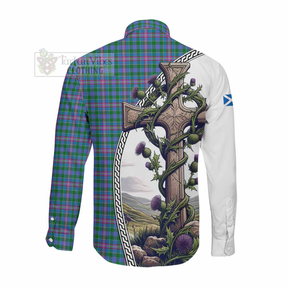 Pitcairn Tartan Long Sleeve Button Shirt with Family Crest and St. Andrew's Cross Accented by Thistle Vines Men's Shirt - Tartan Vibes Clothing
