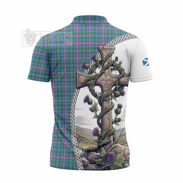 Pitcairn Tartan Zipper Polo Shirt with Family Crest and St. Andrew's Cross Accented by Thistle Vines - Tartan Vibes Clothing