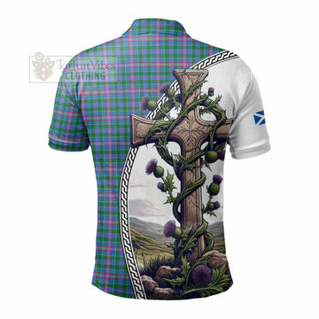 Pitcairn Tartan Polo Shirt with Family Crest and St. Andrew's Cross Accented by Thistle Vines - Tartan Vibes Clothing