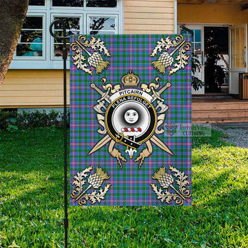 Pitcairn Tartan Garden Flag with Family Crest and Golden Thistle Crossed Sword Design Garden Flag - Tartan Vibes Clothing