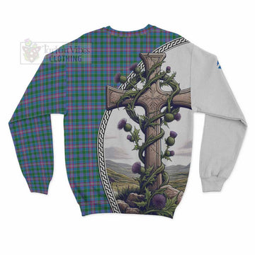Pitcairn Tartan Sweatshirt with Family Crest and St. Andrew's Cross Accented by Thistle Vines - Tartan Vibes Clothing