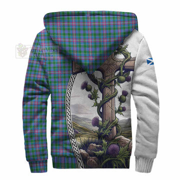 Pitcairn Tartan Sherpa Hoodie with Family Crest and St. Andrew's Cross Accented by Thistle Vines - Tartan Vibes Clothing