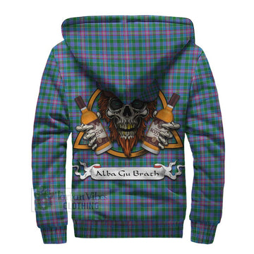 Pitcairn Tartan Sherpa Hoodie with Family Crest and Bearded Skull Holding Bottles of Whiskey - Tartan Vibes Clothing