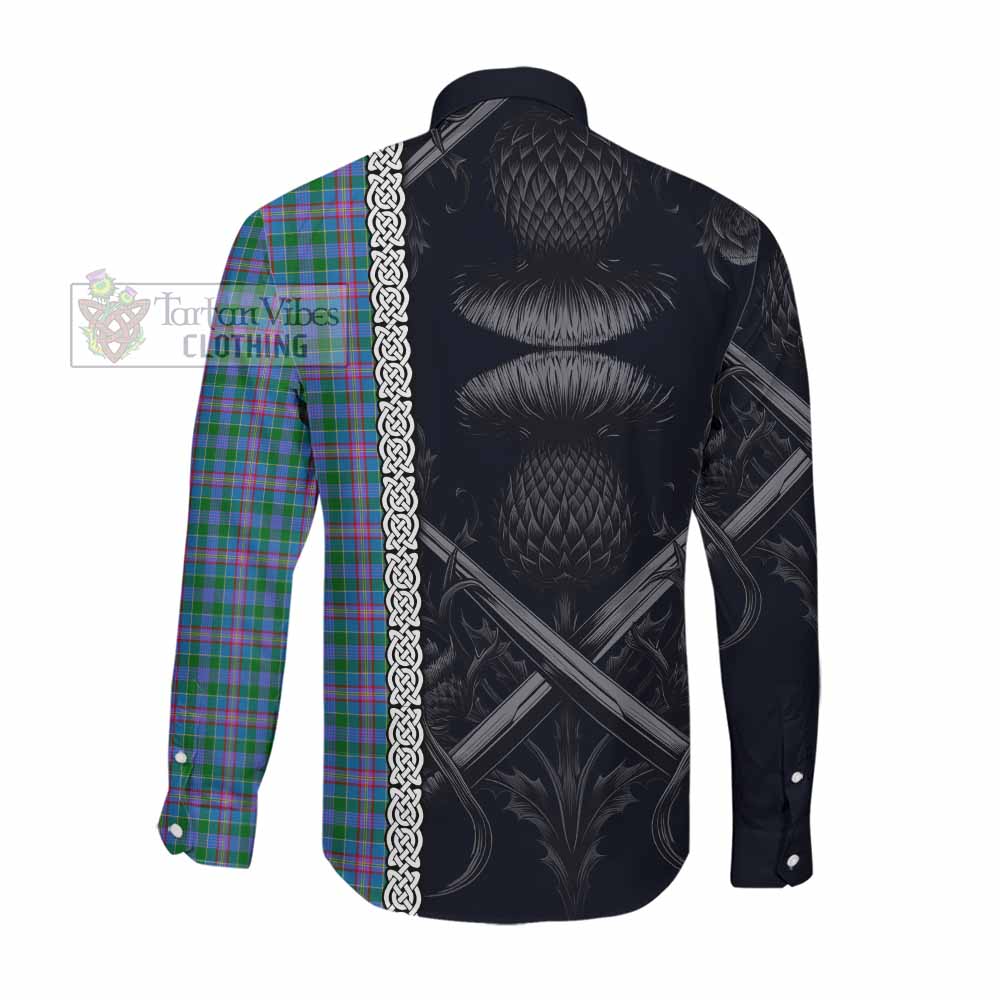 Tartan Vibes Clothing Pitcairn Tartan Long Sleeve Button Shirt with Family Crest Cross Sword Thistle Celtic Vibes