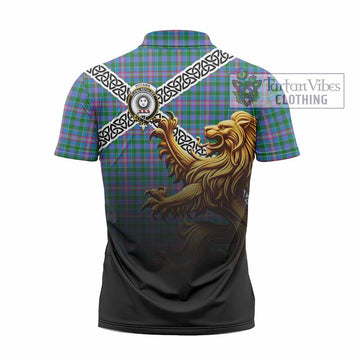 Pitcairn Crest Tartan Zipper Polo Shirt with Golden Lion Emblem Celtic Style - Tartan Vibes Clothing