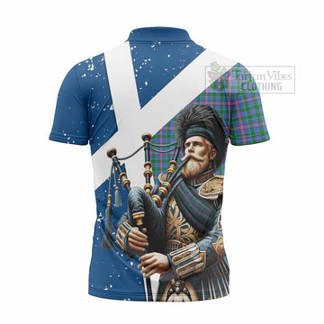 Pitcairn Tartan Zipper Polo Shirt with Family Crest Scottish Bagpiper Vibes - Tartan Vibes Clothing