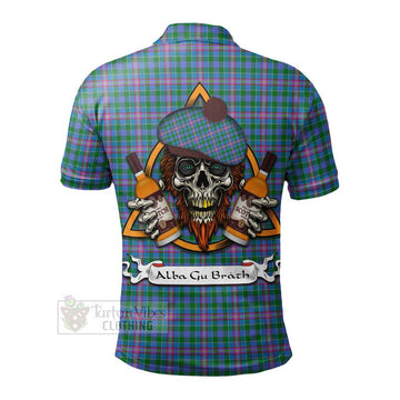 Pitcairn Tartan Polo Shirt with Family Crest and Bearded Skull Holding Bottles of Whiskey - Tartan Vibes Clothing