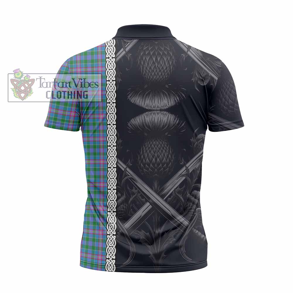 Pitcairn Tartan Zipper Polo Shirt with Family Crest Cross Sword Thistle Celtic Vibes - Tartan Vibes Clothing
