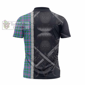 Pitcairn Tartan Zipper Polo Shirt with Family Crest Cross Sword Thistle Celtic Vibes - Tartan Vibes Clothing