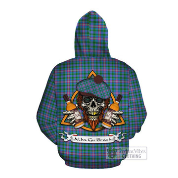 Pitcairn Tartan Cotton Hoodie with Family Crest and Bearded Skull Holding Bottles of Whiskey Pullover Hoodie - Tartan Vibes Clothing