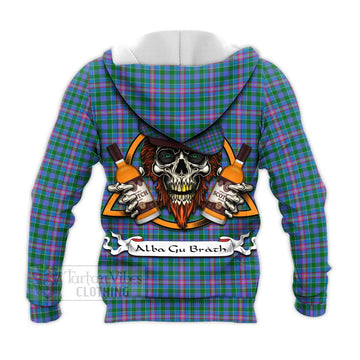 Pitcairn Tartan Knitted Hoodie with Family Crest and Bearded Skull Holding Bottles of Whiskey - Tartan Vibes Clothing