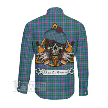 Pitcairn Tartan Long Sleeve Button Shirt with Family Crest and Bearded Skull Holding Bottles of Whiskey Men's Shirt - Tartan Vibes Clothing