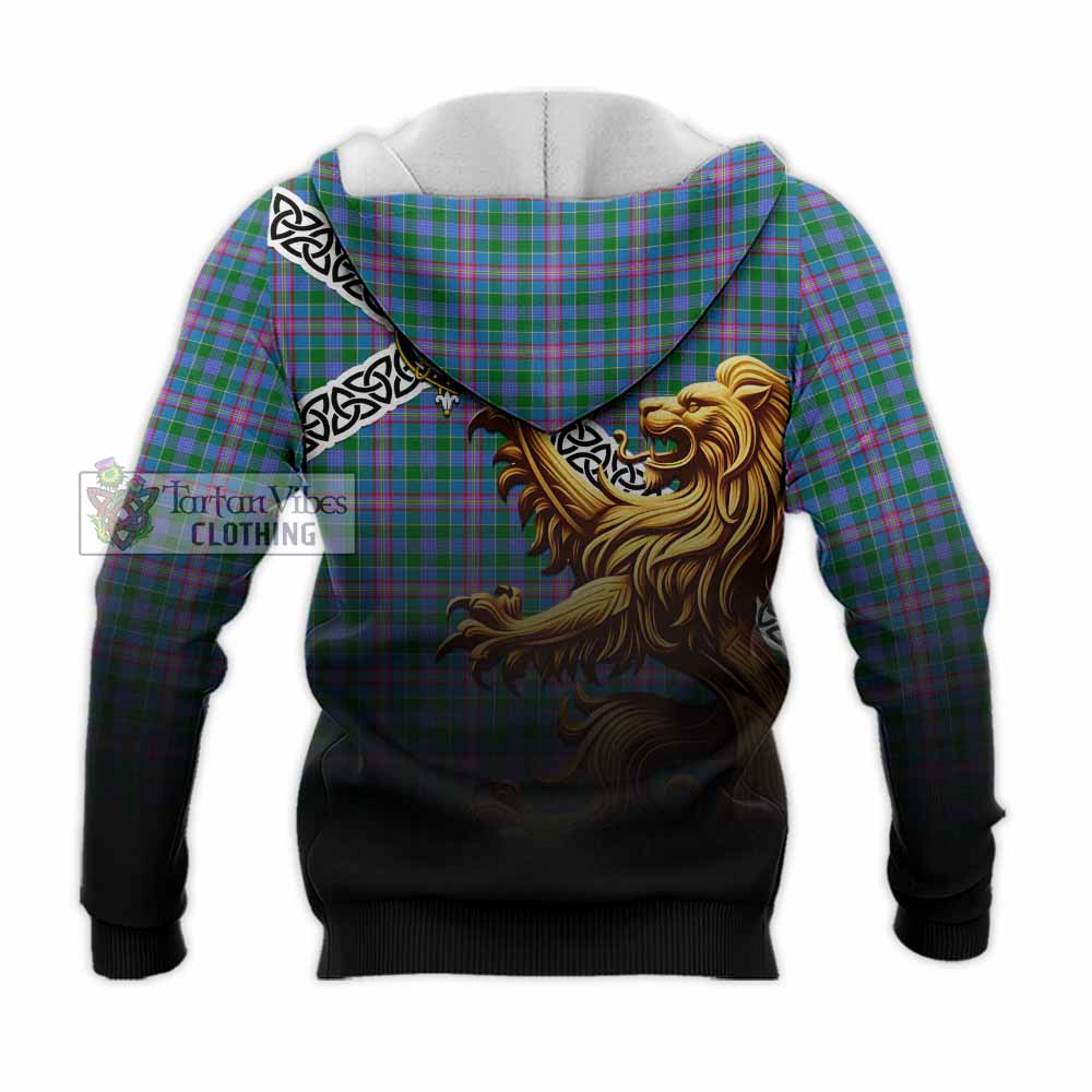Pitcairn Crest Tartan Knitted Hoodie with Golden Lion Emblem Celtic Style - Tartan Vibes Clothing