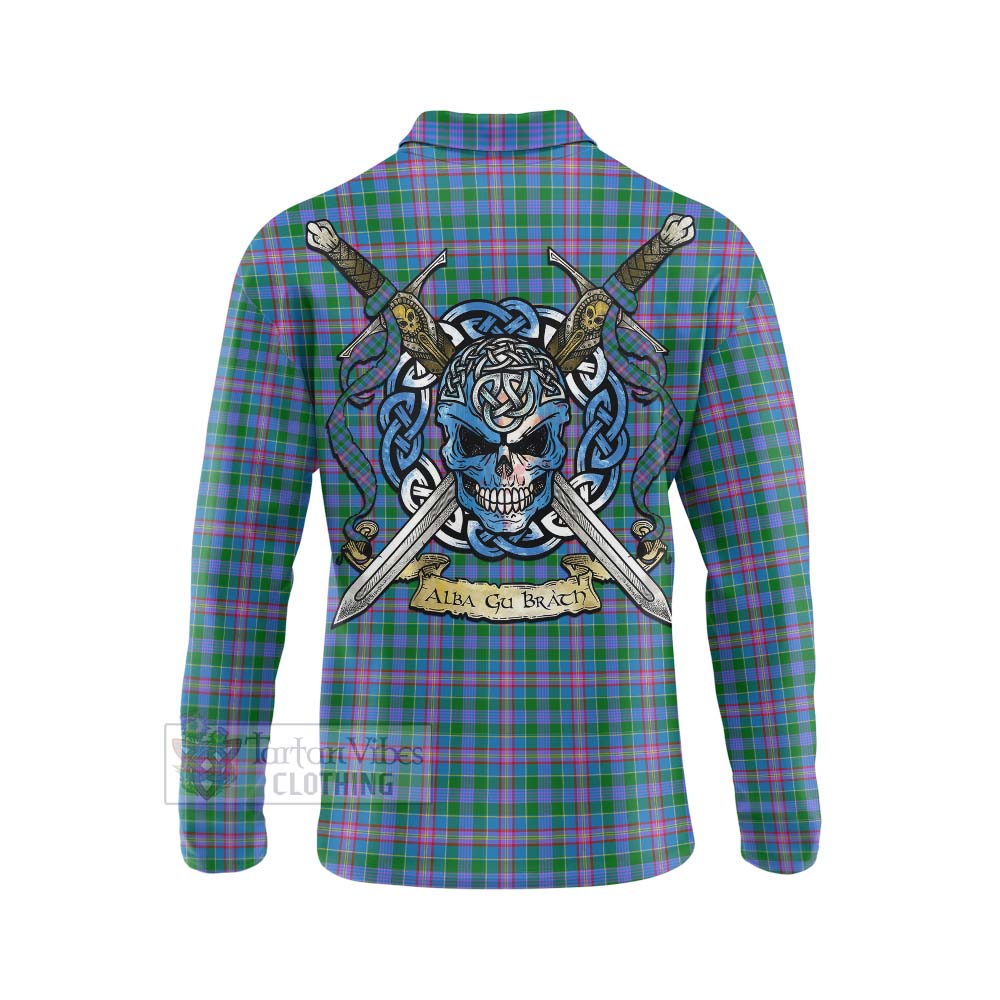 Pitcairn Tartan Long Sleeve Polo Shirt with Family Crest Celtic Skull Style - Tartan Vibes Clothing