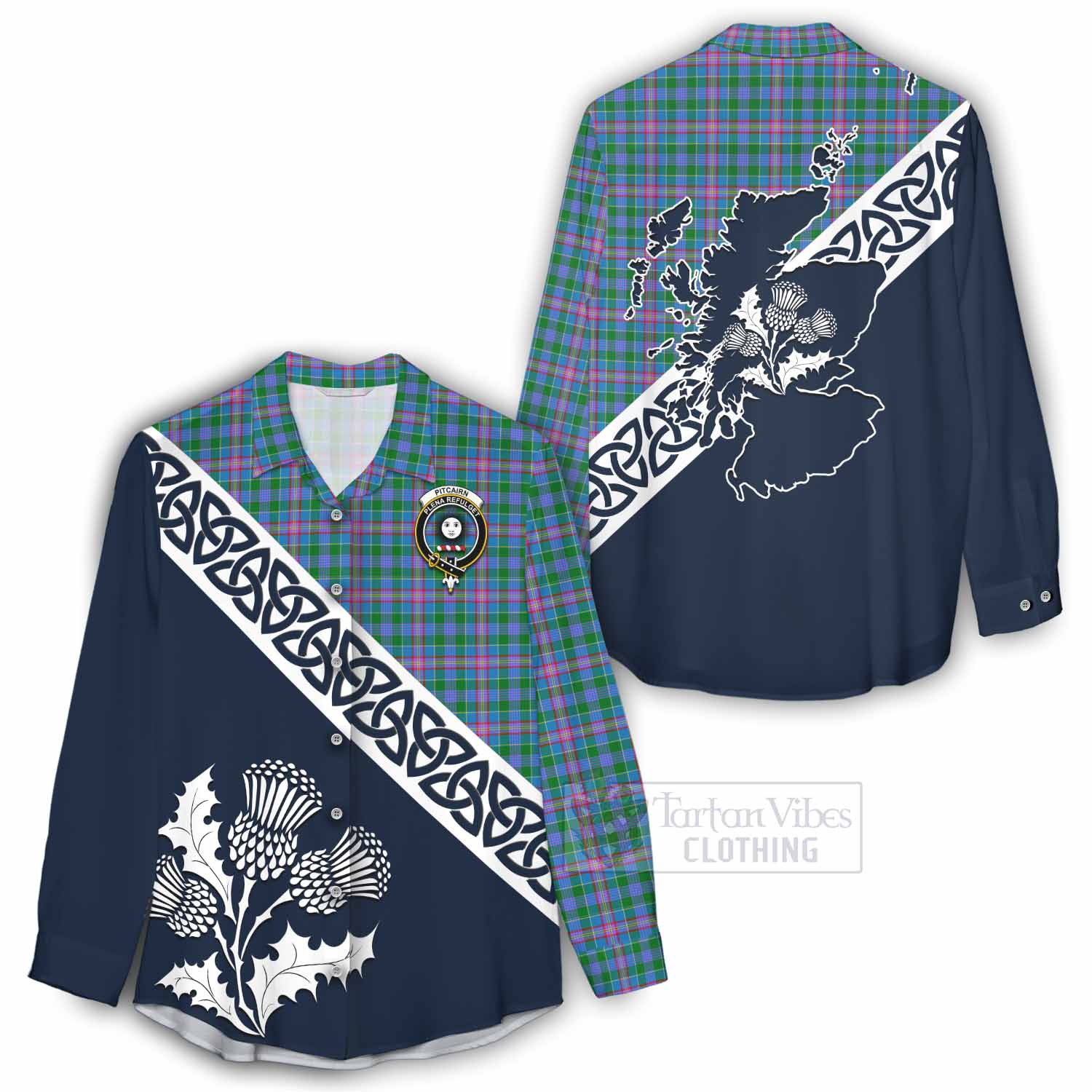 Pitcairn Tartan Women's Casual Shirt Featuring Thistle and Scotland Map - Tartan Vibes Clothing
