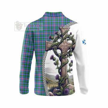 Pitcairn Tartan Long Sleeve Polo Shirt with Family Crest and St. Andrew's Cross Accented by Thistle Vines - Tartan Vibes Clothing