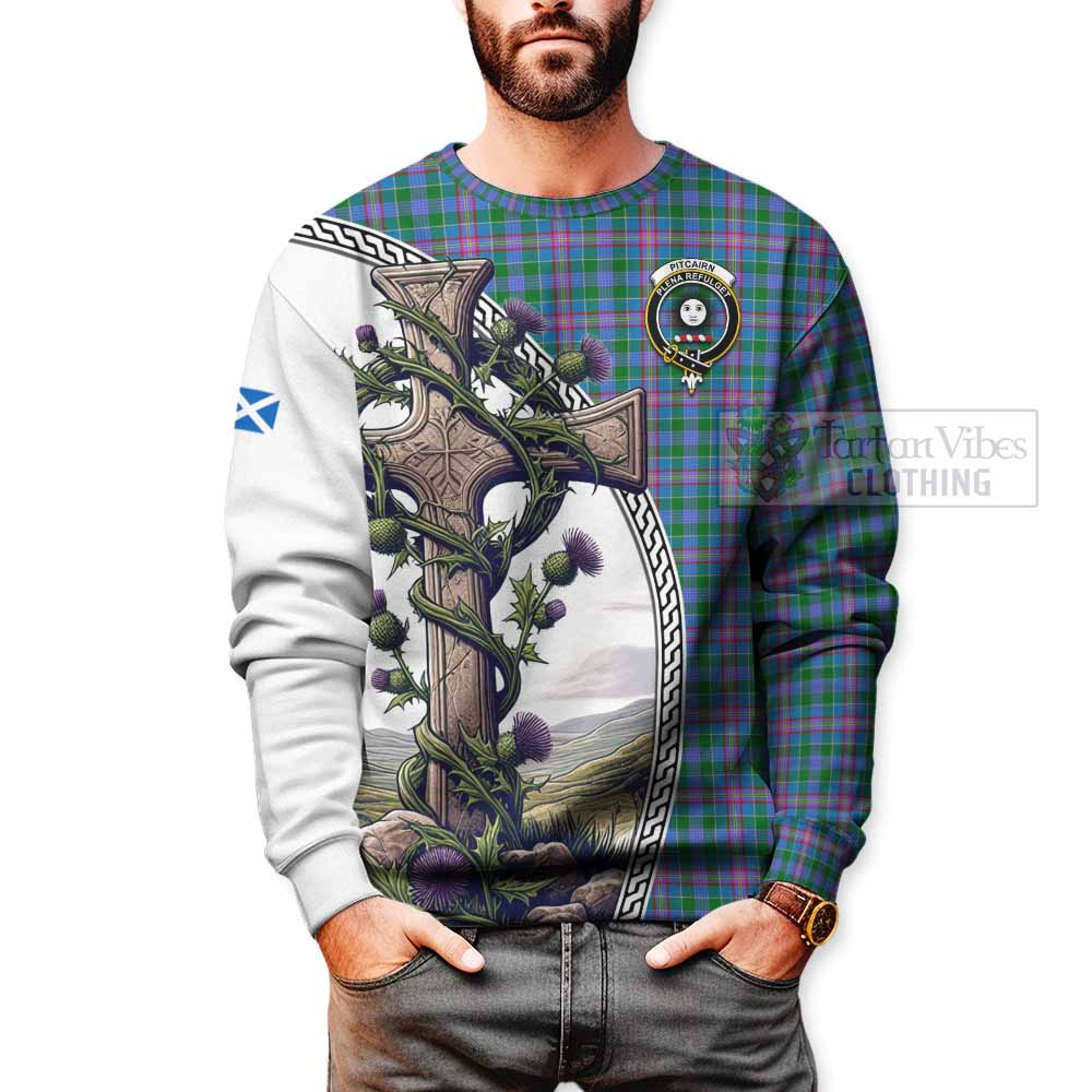 Pitcairn Tartan Sweatshirt with Family Crest and St. Andrew's Cross Accented by Thistle Vines - Tartan Vibes Clothing