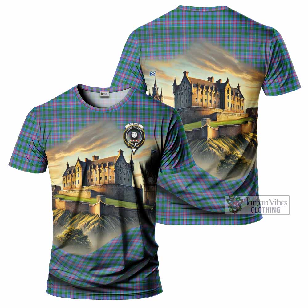 Pitcairn Tartan Family Crest T-Shirt with Scottish Ancient Castle Style - Tartan Vibes Clothing