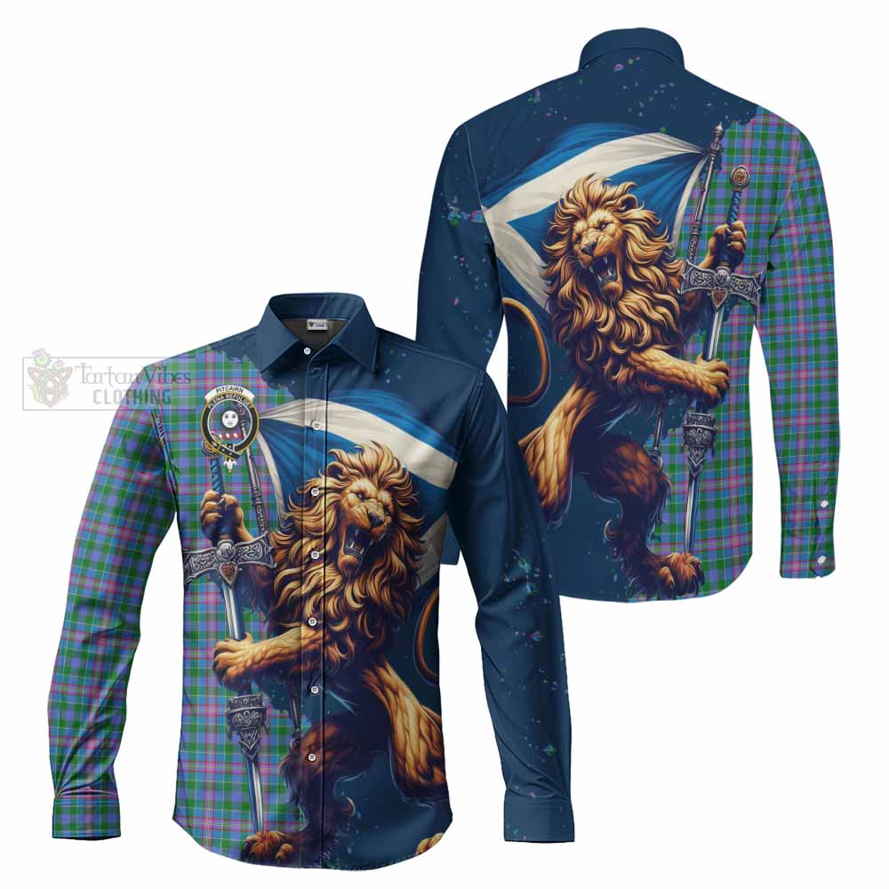 Pitcairn Tartan Family Crest Long Sleeve Button Shirt with Scottish Majestic Lion - Tartan Vibes Clothing