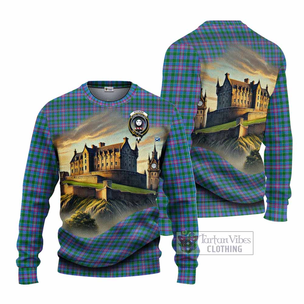 Pitcairn Tartan Family Crest Knitted Sweater with Scottish Ancient Castle Style - Tartan Vibes Clothing