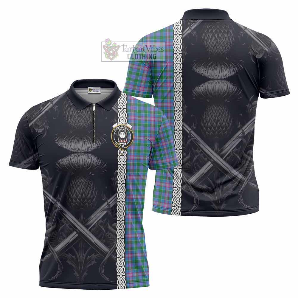 Pitcairn Tartan Zipper Polo Shirt with Family Crest Cross Sword Thistle Celtic Vibes - Tartan Vibes Clothing