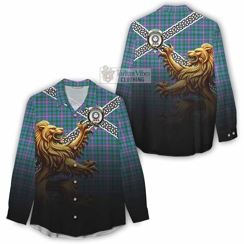 Pitcairn Crest Tartan Women's Casual Shirt with Golden Lion Emblem Celtic Style - Tartan Vibes Clothing