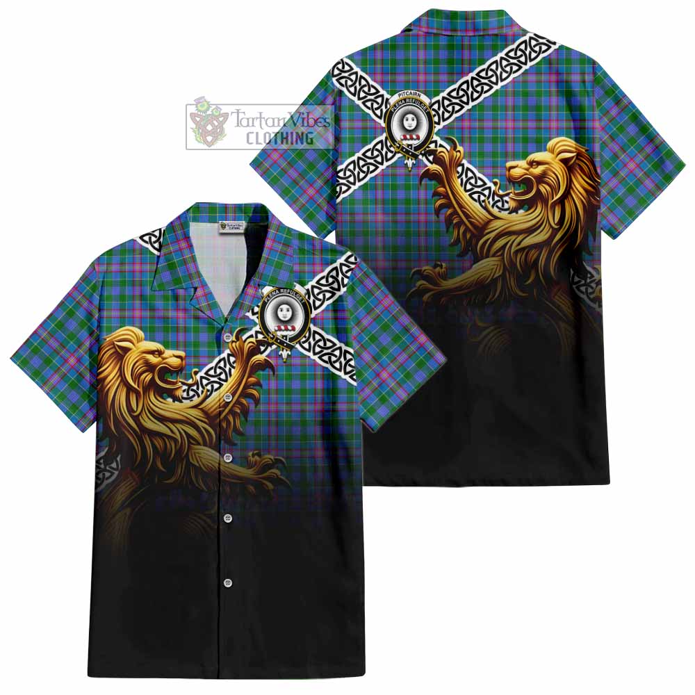 Pitcairn Crest Tartan Hawaiian Shirt with Golden Lion Emblem Celtic Style - Tartan Vibes Clothing